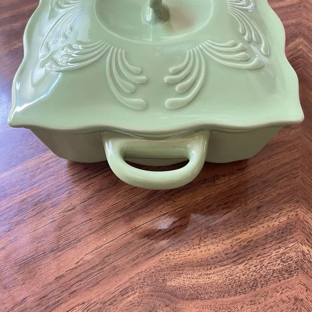 Pier 1 Talavera 2 Qt Stoneware With Lid Scalloped Sage Green Square